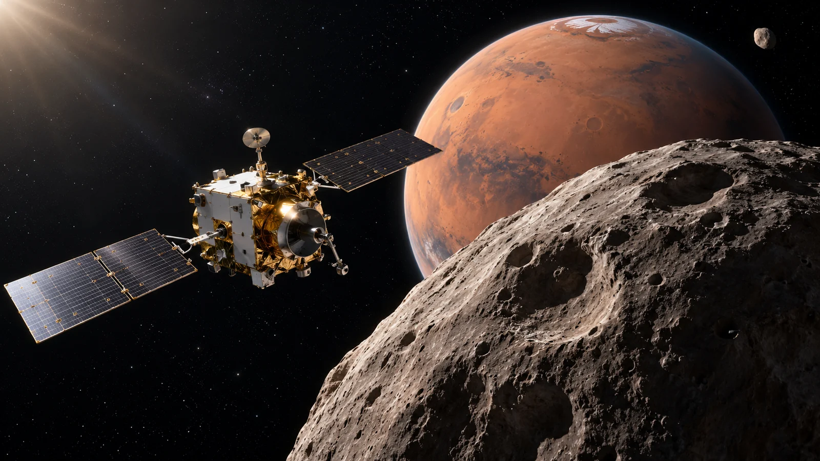 MMX mission spacecraft approaching Phobos with Mars in the background