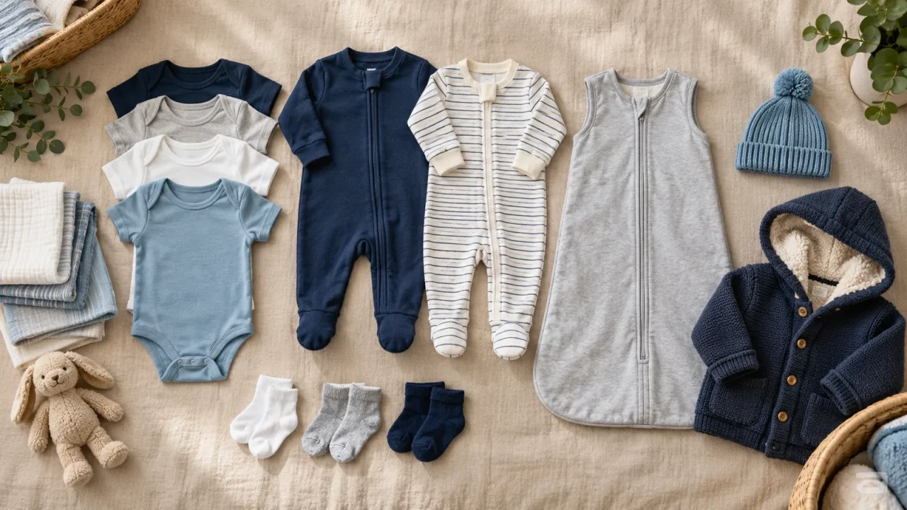Newborn bodysuits, sleepers, socks, outer layer, and nonweighted sleep sack arranged as a practical capsule wardrobe