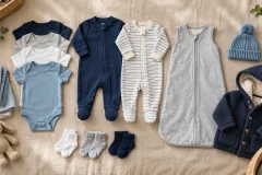 Newborn bodysuits, sleepers, socks, outer layer, and nonweighted sleep sack arranged as a practical capsule wardrobe