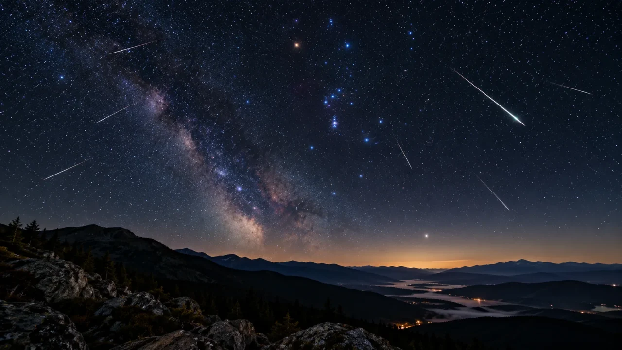 Orionid meteor shower 2026 streaking across a dark mountain sky