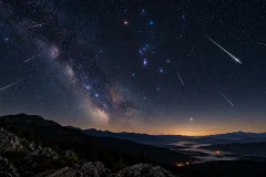Orionid meteor shower 2026 streaking across a dark mountain sky