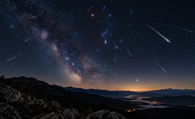 Orionid meteor shower 2026 streaking across a dark mountain sky