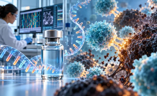 Personalized mRNA melanoma vaccine vial with immune cells targeting melanoma