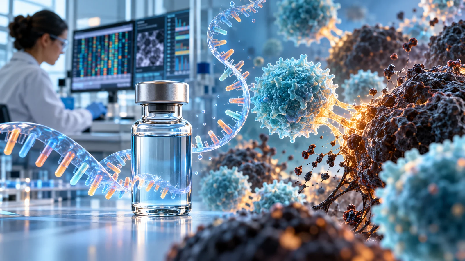 Personalized mRNA melanoma vaccine vial with immune cells targeting melanoma