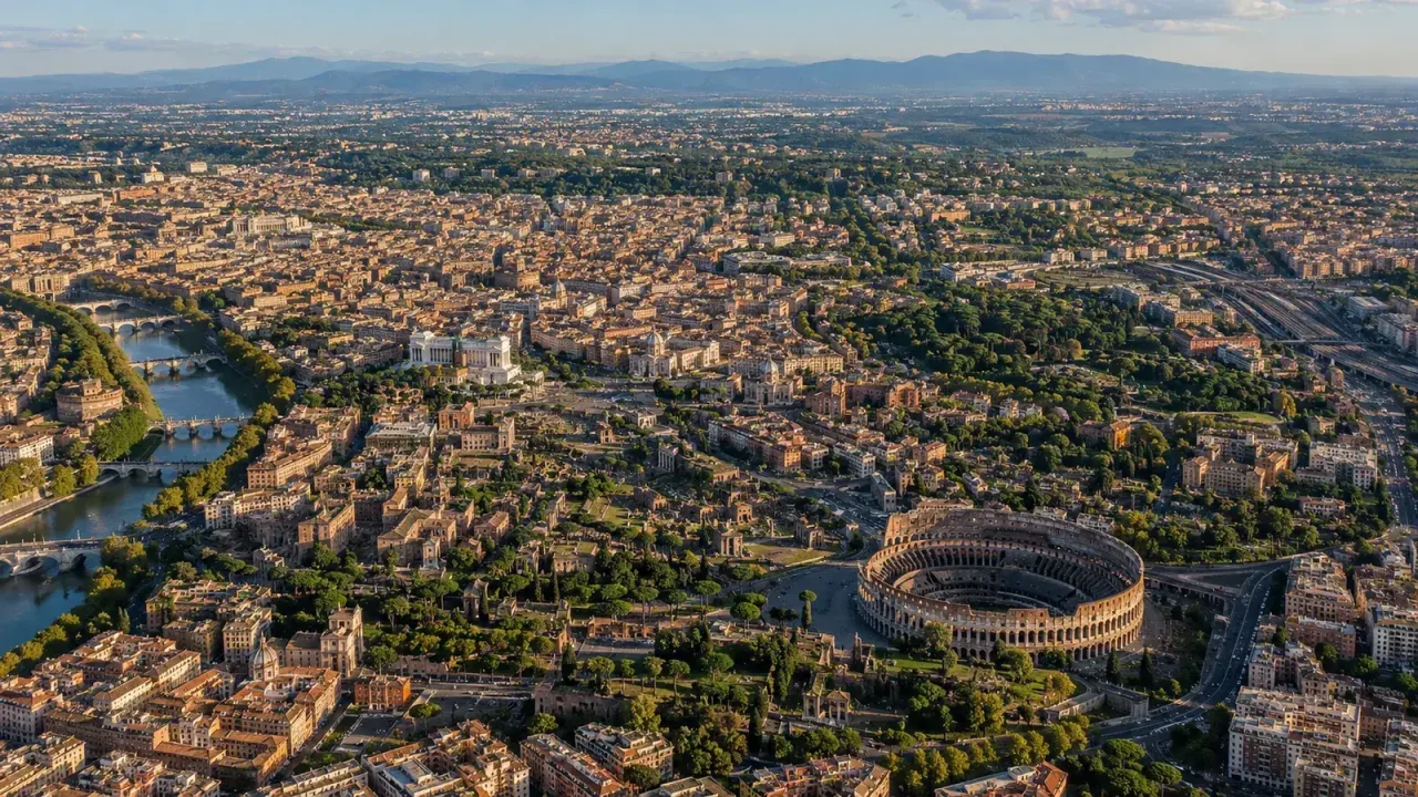 Aerial view of Rome showing the historic center, dense neighborhoods, rail lines, green space, and outer development