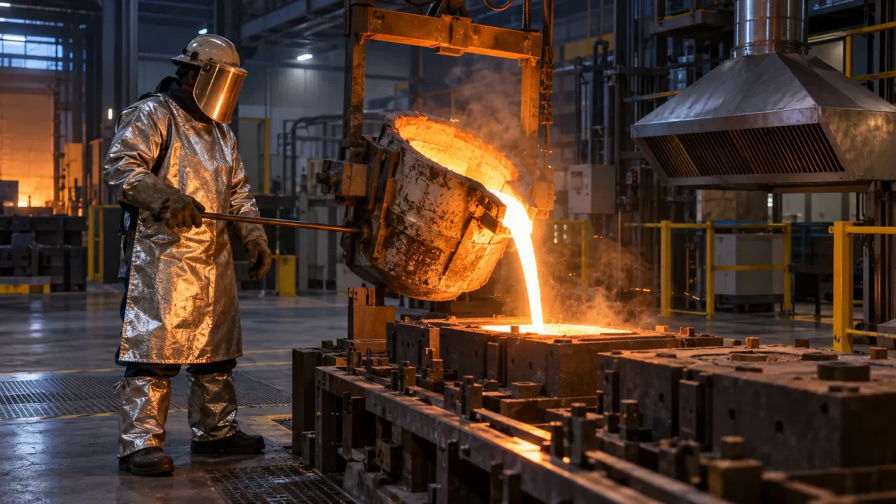 Foundry worker in full protective equipment supervising a controlled molten metal pour into sand molds