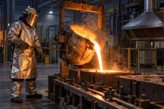 Foundry worker in full protective equipment supervising a controlled molten metal pour into sand molds