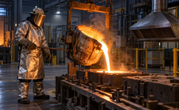 Foundry worker in full protective equipment supervising a controlled molten metal pour into sand molds