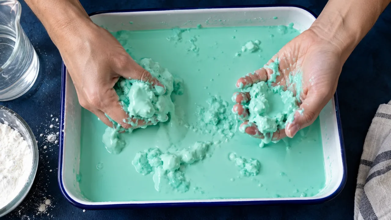 Adult hands demonstrating turquoise cornstarch oobleck in a shallow tray with cornstarch and water nearby