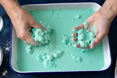 Adult hands demonstrating turquoise cornstarch oobleck in a shallow tray with cornstarch and water nearby