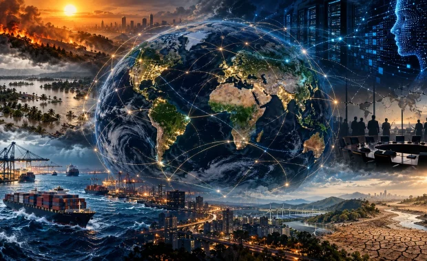 Connected globe surrounded by climate, shipping, artificial intelligence and diplomacy risks