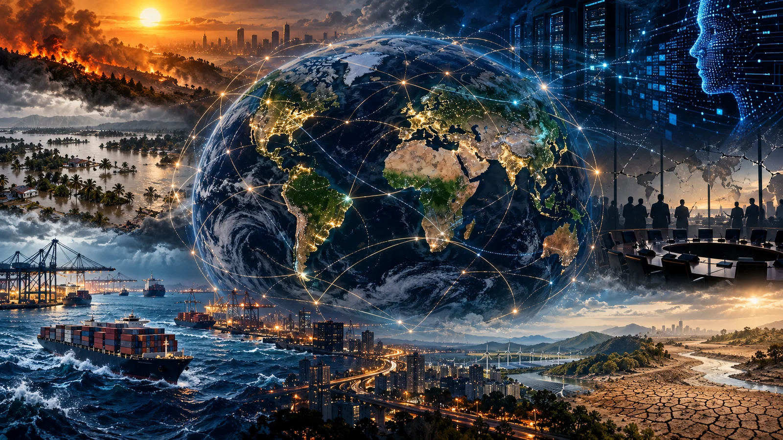 Connected globe surrounded by climate, shipping, artificial intelligence and diplomacy risks