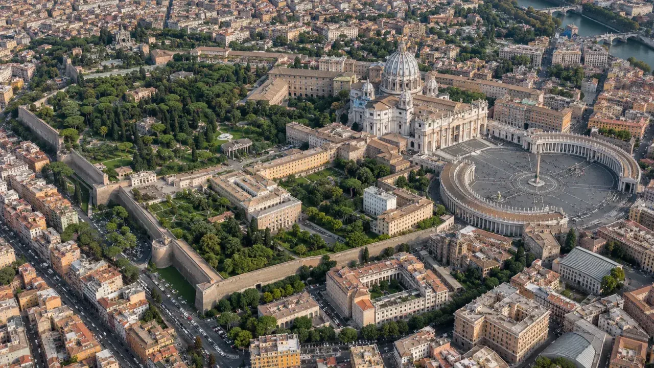 High aerial view of Vatican City showing Saint Peter Square, basilica, gardens, walls, and surrounding Rome