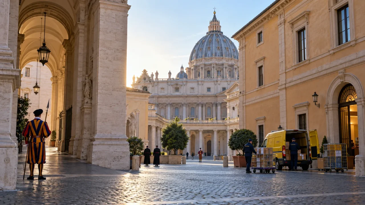 Institutional courtyard in Vatican City with administrative activity, Swiss Guard, service staff, and Saint Peter dome