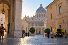 Institutional courtyard in Vatican City with administrative activity, Swiss Guard, service staff, and Saint Peter dome