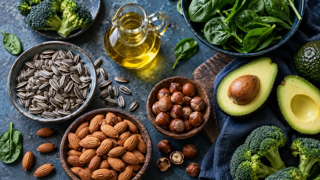 Sunflower seeds, almonds, hazelnuts, avocado, spinach, broccoli, and plant oil as vitamin E food sources