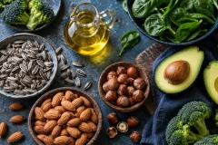 Sunflower seeds, almonds, hazelnuts, avocado, spinach, broccoli, and plant oil as vitamin E food sources