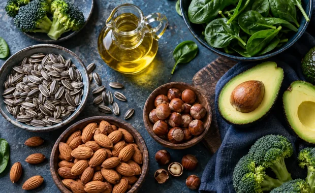 Sunflower seeds, almonds, hazelnuts, avocado, spinach, broccoli, and plant oil as vitamin E food sources