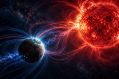 Artist visualization of YZ Ceti b interacting with the magnetic field of its red dwarf star