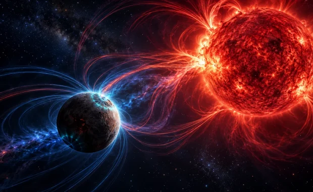 Artist visualization of YZ Ceti b interacting with the magnetic field of its red dwarf star