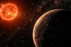 Artist visualization of rocky YZ Ceti d orbiting a red dwarf with two inner planets