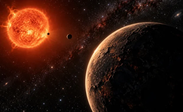 Artist visualization of rocky YZ Ceti d orbiting a red dwarf with two inner planets