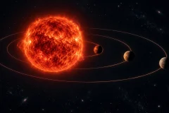 Artist visualization of three rocky planets orbiting the red dwarf YZ Ceti