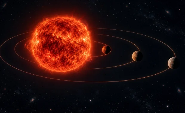Artist visualization of three rocky planets orbiting the red dwarf YZ Ceti